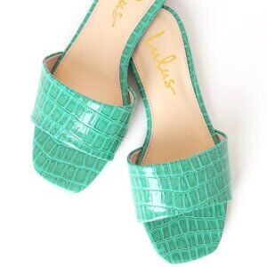 Lulus Markiee Teal Patent Crocodile-Embossed Slide Sandals Size 10
